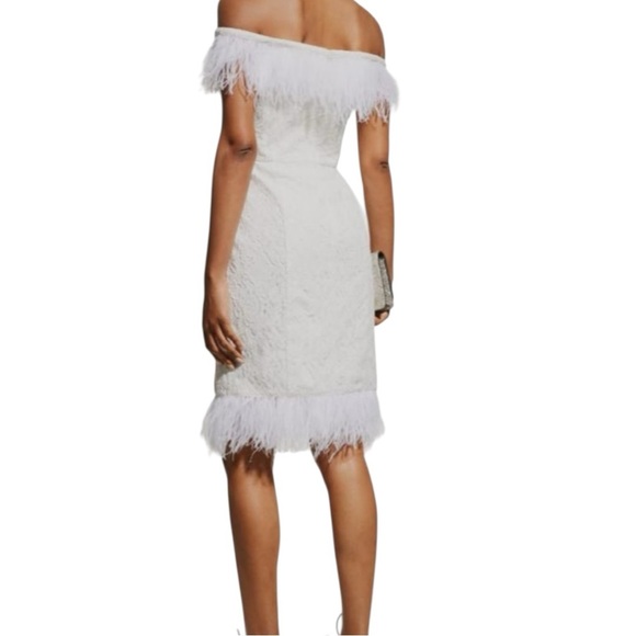 Off-Shoulder Feather-Trim Lace Dress, Aidan Mattox Women White NWT Size 2 - Picture 3 of 10
